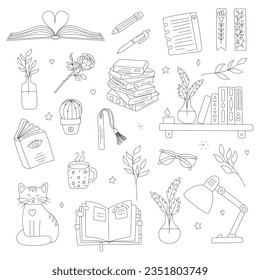 Conjunto de libros y elementos dibujados a mano, simbolizando la lectura, el aprendizaje. Pila de libros, marcador, estantería, lámpara de mesa. Ilustración vectorial de contorno de doodle en blanco y negro aislada en un fondo blanco.