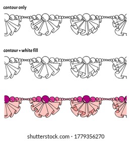 Set of hand drawn border with ruffles, frills, pearls and beads in three versions. Decorative isolated endless vector illustration