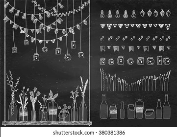 Set of hand drawn borders, garlands, jars, bottles with flowers on swing. Chalkboard background. Doodle lamps, lanterns, flags. Plants, leaves. Used brushes included.