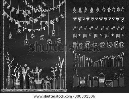 Set of hand drawn borders, garlands, jars, bottles with flowers on swing. Chalkboard background. Doodle lamps, lanterns, flags. Plants, leaves. Used brushes included.