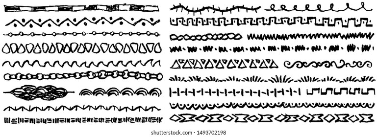 Set of hand drawn borders. Grunge collection of simple ornamental pattern isolated on white background. Vector decor brush stroke