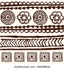 set of hand drawn borders. Traditional indian style, ornamental floral elements for henna tattoo, golden stickers, flash temporary tattoo, mehndi and yoga design
