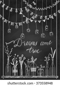 Set of hand drawn borders,garlands, jars, bottles with flowers. Chalkboard background. Lamps, lanterns, flags on swing. Plants. Used brushes included.