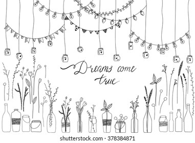 Set of hand drawn borders,garlands, jars, bottles with flowers. Lamps, lanterns,flags, flashlights. Plants, leaves. Used brushes included.