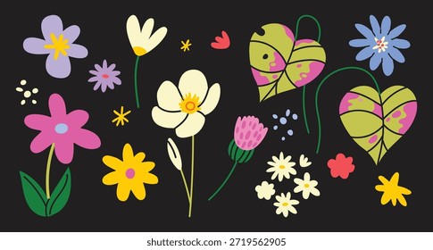 Set of hand drawn botanical abstract flowers in retro style. Plants and leaves, bright cheerful spring elements in different shapes. Wild flowers stickers in cartoon doodle style. Vector nature 