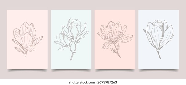 Conjunto de carteles de arte botánico dibujados a mano con magnolia. Conjunto de tarjeta con flores de magnolia. Ilustración.