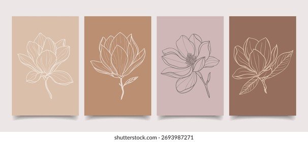 Conjunto de carteles de arte botánico dibujados a mano con magnolia. Conjunto de tarjeta con flores de magnolia. Ilustración.