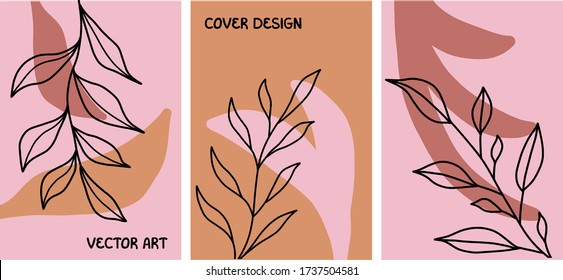Set of hand drawn botanical covers. Vector template with leaves. Illustration with pink, salmon, colors