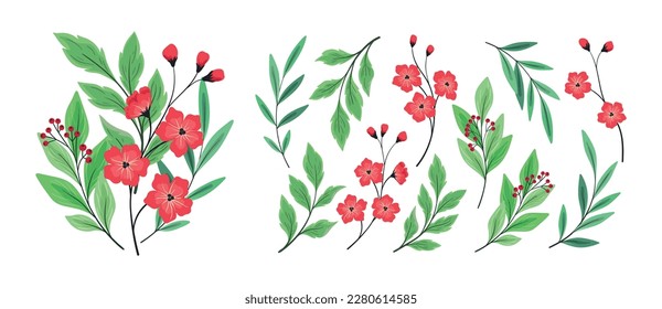 Set of hand drawn botanical elements: small flowers on branches, herbs, leaves, twigs isolated on white background. Collection with wild flora: wildflowers and green foliage. Vector illustration.