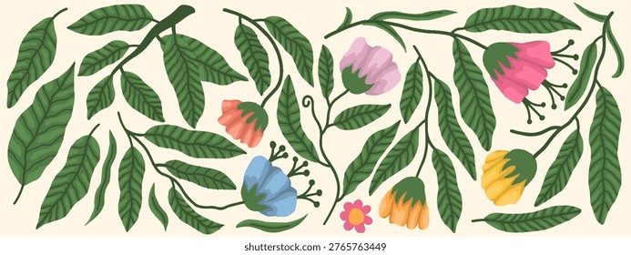 Set of hand drawn botanical elements with textured leaves and colorful flowers. Floral blossoms elements set for patterns, greeting cards, and nature themed branding