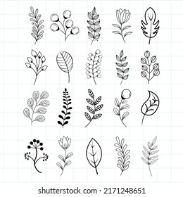 Set of hand drawn botanical and floral decoration elements. Hand drawn tree branches and leaves set.