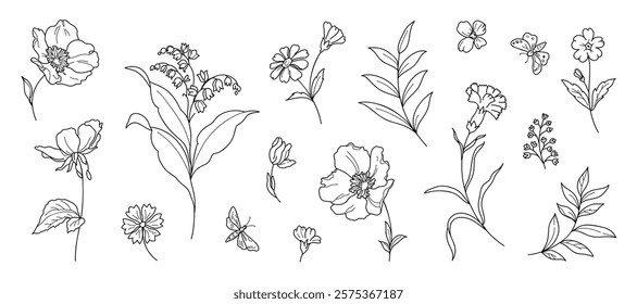 Set of hand drawn botanical flower line art vector. Collection black white contour drawing of foliage, wildflower, eucalyptus, butterfly. Illustration design for logo, wedding, invitation, decor.