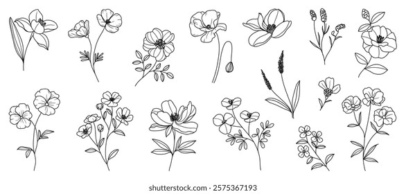 Set of hand drawn botanical flower line art vector. Collection black white contour drawing of foliage, wildflower, poppy, peony, eucalyptus. Illustration design for logo, wedding, invitation, decor.