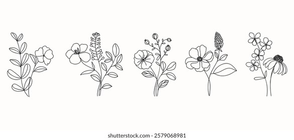 Set of hand drawn botanical flower bouquet vector. Collection black white contour drawing of foliage, wildflower, poppy, peony, eucalyptus. Illustration design for logo, wedding, invitation, decor.