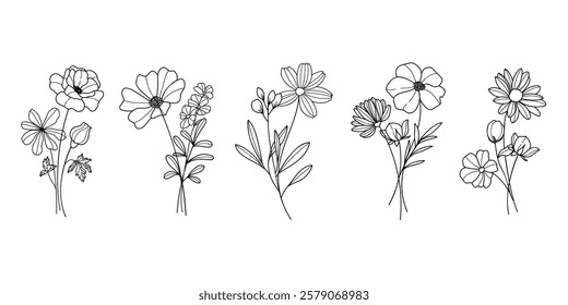 Set of hand drawn botanical flower bouquet vector. Collection black white contour drawing of foliage, wildflower, poppy, peony, eucalyptus. Illustration design for logo, wedding, invitation, decor.