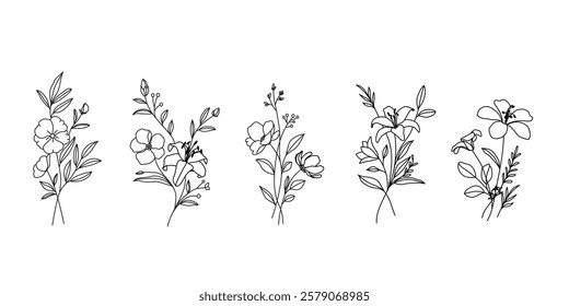 Set of hand drawn botanical flower bouquet vector. Collection black white contour drawing of foliage, wildflower, poppy, peony, eucalyptus. Illustration design for logo, wedding, invitation, decor.