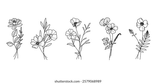 Set of hand drawn botanical flower bouquet vector. Collection black white contour drawing of foliage, wildflower, poppy, peony, eucalyptus. Illustration design for logo, wedding, invitation, decor.