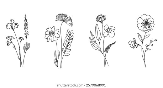 Set of hand drawn botanical flower bouquet vector. Collection black white contour drawing of foliage, wildflower, poppy, peony, eucalyptus. Illustration design for logo, wedding, invitation, decor.