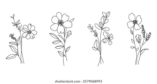 Set of hand drawn botanical flower bouquet vector. Collection black white contour drawing of foliage, wildflower, poppy, peony, eucalyptus. Illustration design for logo, wedding, invitation, decor.