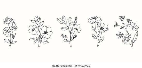 Set of hand drawn botanical flower bouquet vector. Collection black white contour drawing of foliage, wildflower, poppy, peony, eucalyptus. Illustration design for logo, wedding, invitation, decor.