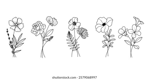 Set of hand drawn botanical flower bouquet vector. Collection black white contour drawing of foliage, wildflower, poppy, peony, eucalyptus. Illustration design for logo, wedding, invitation, decor.