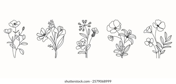 Set of hand drawn botanical flower bouquet vector. Collection black white contour drawing of foliage, wildflower, poppy, peony, eucalyptus. Illustration design for logo, wedding, invitation, decor.