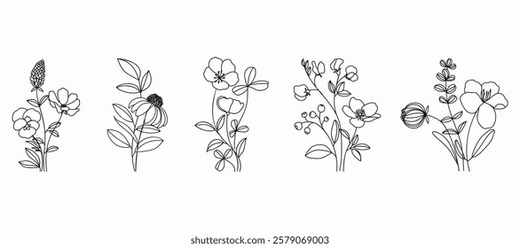 Set of hand drawn botanical flower bouquet vector. Collection black white contour drawing of foliage, wildflower, poppy, peony, eucalyptus. Illustration design for logo, wedding, invitation, decor.