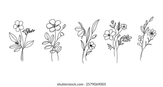 Set of hand drawn botanical flower bouquet vector. Collection black white contour drawing of foliage, wildflower, poppy, peony, eucalyptus. Illustration design for logo, wedding, invitation, decor.