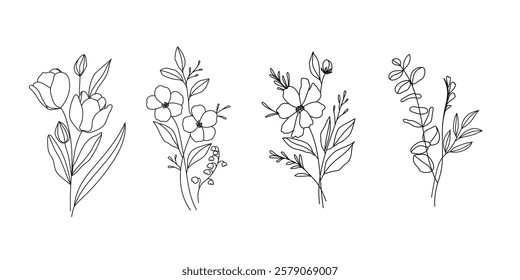 Set of hand drawn botanical flower bouquet vector. Collection black white contour drawing of foliage, wildflower, poppy, peony, eucalyptus. Illustration design for logo, wedding, invitation, decor.