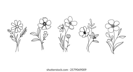 Set of hand drawn botanical flower bouquet vector. Collection black white contour drawing of foliage, wildflower, poppy, peony, eucalyptus. Illustration design for logo, wedding, invitation, decor.