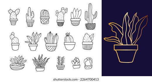 Set of hand drawn botanical leaf decoration element. cactus element line