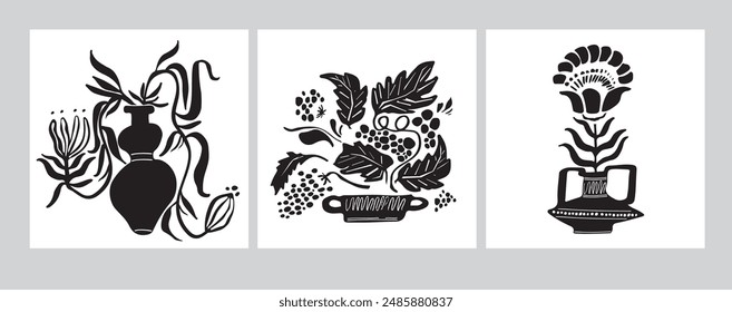 Set of hand drawn botanical posters with herb elements in linocut style