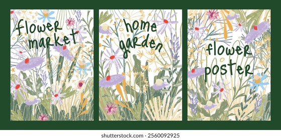 Set of Hand Drawn Botanical Posters with Flowers and Leaves. Textured Brushes Nature Inspired Design for Home Decor Advertising Flower Market Garden Themes. Flat Vector Illustration.