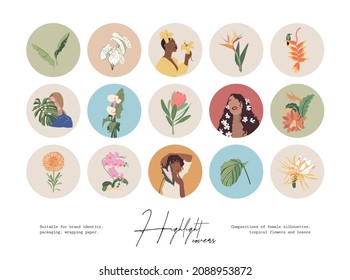 Set of hand drawn botanical and tropical flowers illustrations. Vector set design templates icons and emblems - social media story highlight.