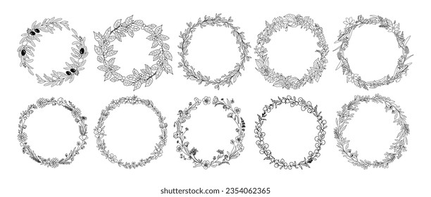 Set of Hand drawn botanical wreath line art vector illustrations isolated on white background. Circle frames with leaves and flowers in black ink sketch style. Elegant decorative design element svg