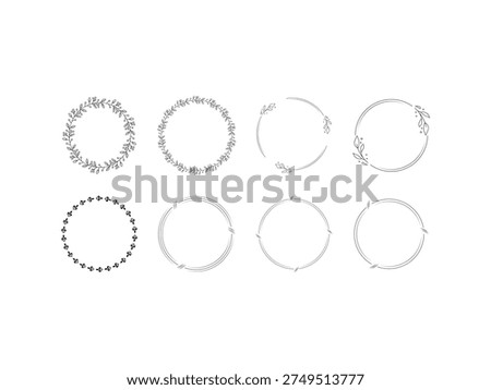 Set of hand drawn botanical wreaths and elegant circular frames with floral ornaments and minimalist geometric lines.