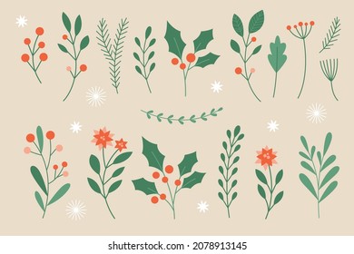 Conjunto de navidades botánicas dibujadas a mano y elementos de año nuevo, ramas y hojas, holly, colección vectorial