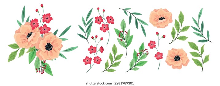 Set of hand drawn botany for design. Collection of delicate floral elements: large pink flowers, small flowers on branches, various herbs, leaves isolated on white background. Vector illustration.