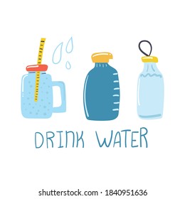 Botellas dibujadas a mano, tarro para agua. Beba el texto del agua. Ilustración plana.
