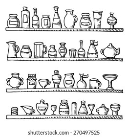 Set of hand drawn bottles, jars. Doodle kitchen equipments. Food and Drink  background. Sketch Silhouettes of kitchen utensils. Vector illustration. 