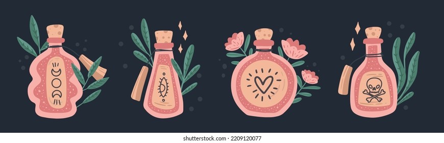 Set of hand drawn Bottles with Magic Potions. Vector cute Halloween elements	
