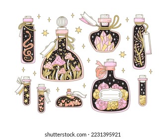 Set of hand drawn bottles with magic potion in fantasy style on white background. Doodle vector illustration of vials, jars, flasks with scary occult objects like mushrooms, shells, snake, crystals.