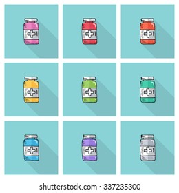 Set of hand drawn bottles with medical pills. Tablets symbol. Health care. Vector illustration.