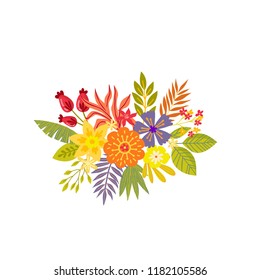 Set of hand drawn bouquets. Floral composition with colorful leaves and flowers. Autumn, fall concept. Isolated vector