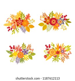 Set of hand drawn bouquets. Floral composition with colorful leaves and flowers. Autumn, fall concept. Isolated vector