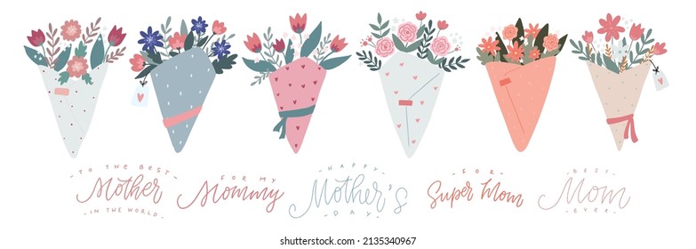 Set of hand drawn bouquets of flowers and lettering quotes for Mother's day isolated on white background. Good for stickers, greeting cards, posters, banners, prints, etc. EPS 10