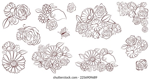 Set of hand drawn bouquets and single flowers, isolated on white background