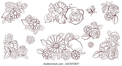 Set of hand drawn bouquets and single flowers, isolated on white background