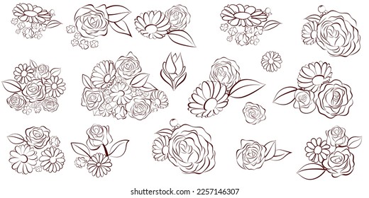 Set of hand drawn bouquets and single flowers, isolated on white background