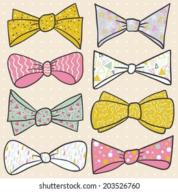 Set of hand drawn bow with cute ornaments. Pastel background with dots. Vector illustration